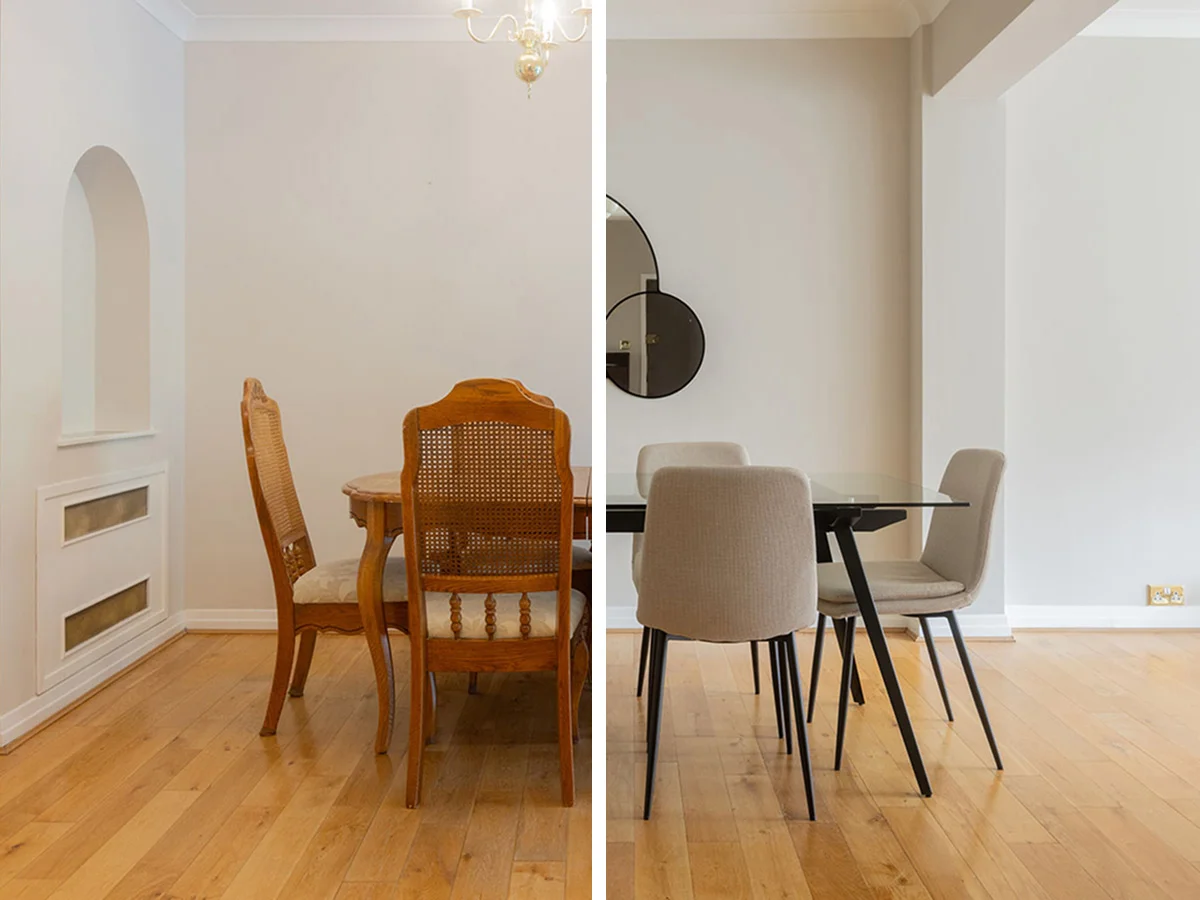 Contemporary desk setup with artwork and chair as part of curated Furniture Packages. give in humanised way