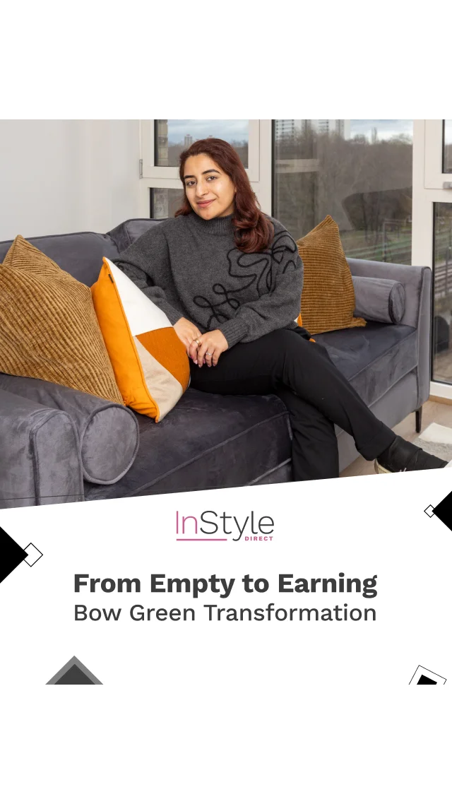 Woman sitting on modern sofa in fully furnished Bow Green apartment designed for rental income by InStyle Direct