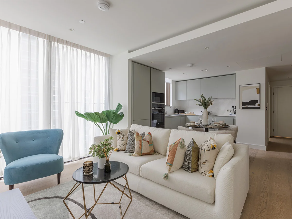 Wide view of luxury living room in South Quay Plaza show home staged by InStyle Direct