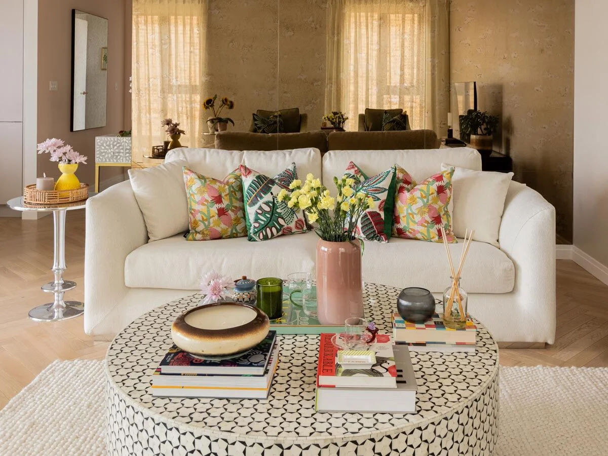 Modern living room styled with Airbnb furnishing service, showcasing short-let furniture Dubai