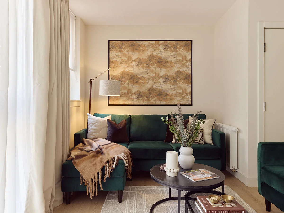 Cozy, professionally furnished living room in a London flat, maximizing rental appeal for landlords