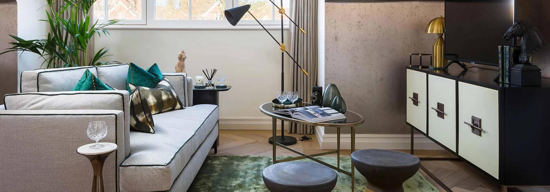 Bespoke interior design for a London flat living room, showing luxury furniture and rental staging.