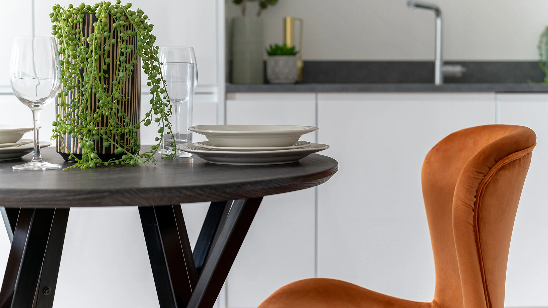 Sustainable dining area with plants in build to rent apartment