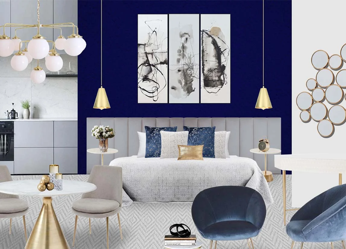 A contemporary apartment furniture package moodboard styled by InStyle Direct featuring a deep navy feature wall, a neutral bed set with gold cushions, velvet blue armchairs, and a modern marble dining table in Canary Wharf.