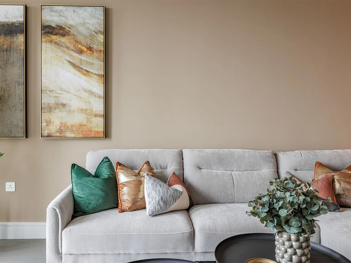 Luxury living room with designer sofa and cushions from diamond furniture package in London apartment