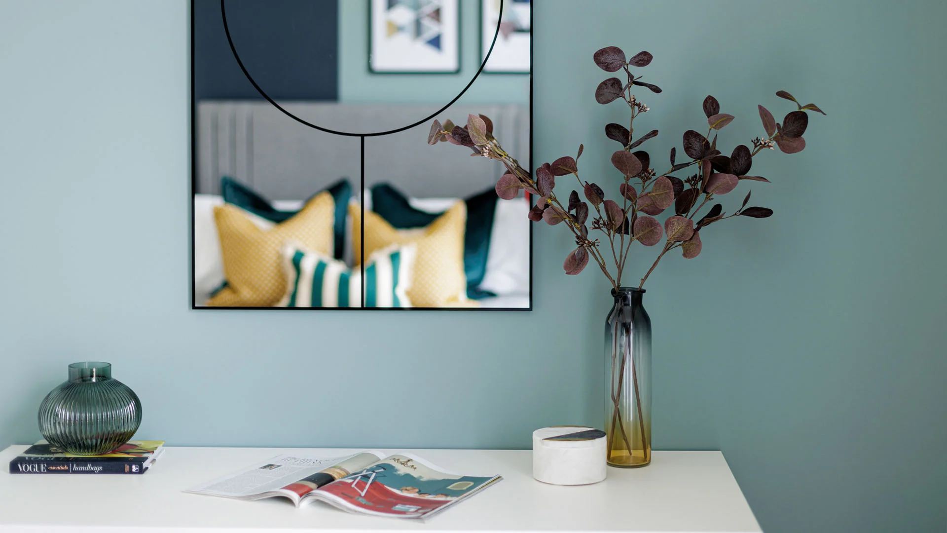 Modern console table styling with decor accessories in diamond furniture package interior design