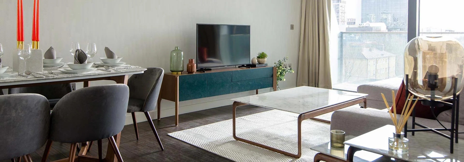 Luxury rental furniture package in a London investor flat, featuring high-end living and dining areas.