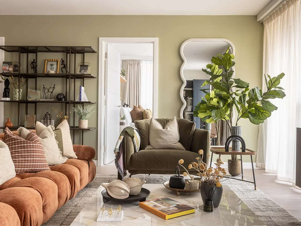 Full living room interior in show home designed to deliver high-end appeal within budget
