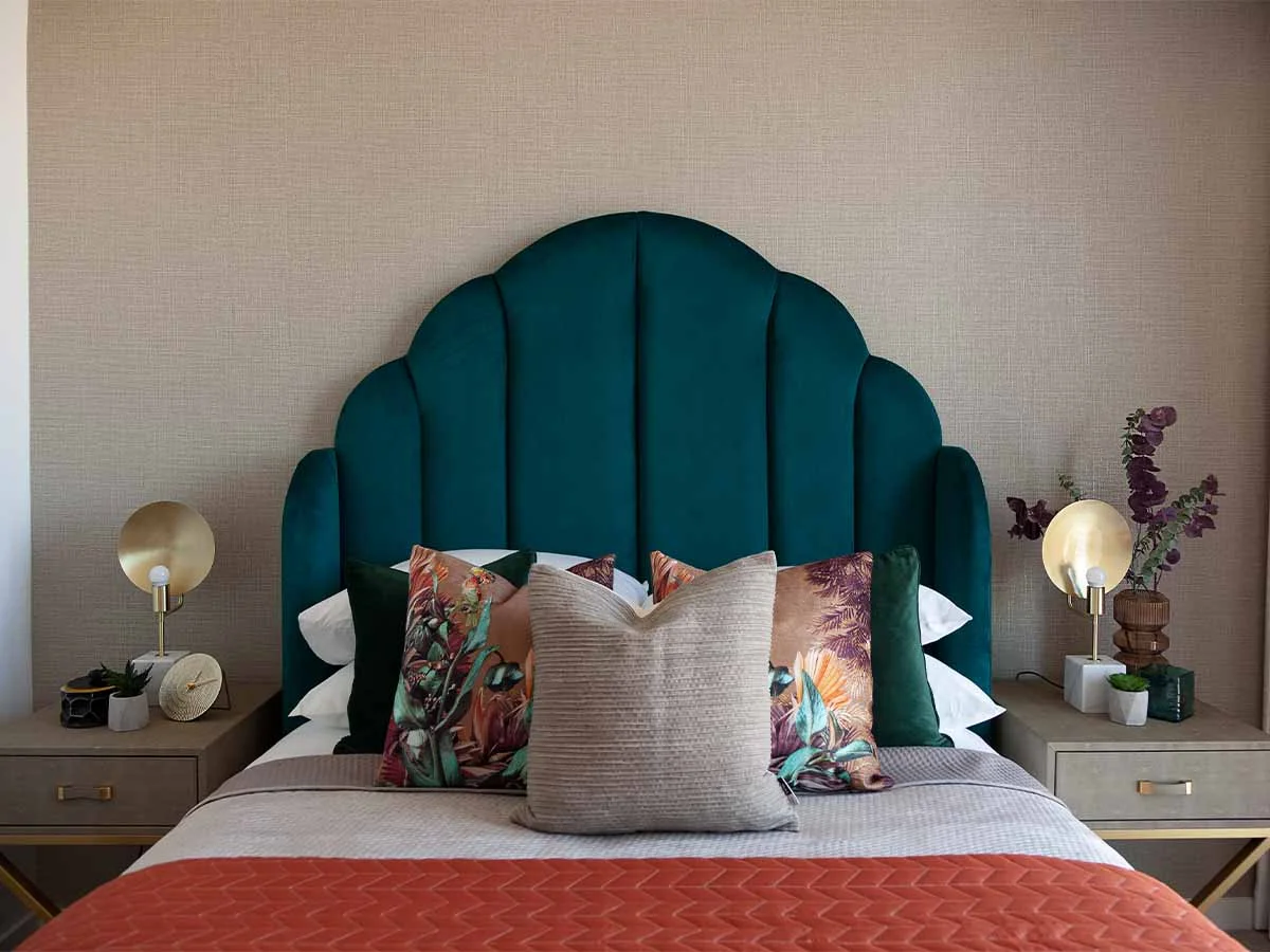 Stylish bedroom with statement headboard for homeowners interior design