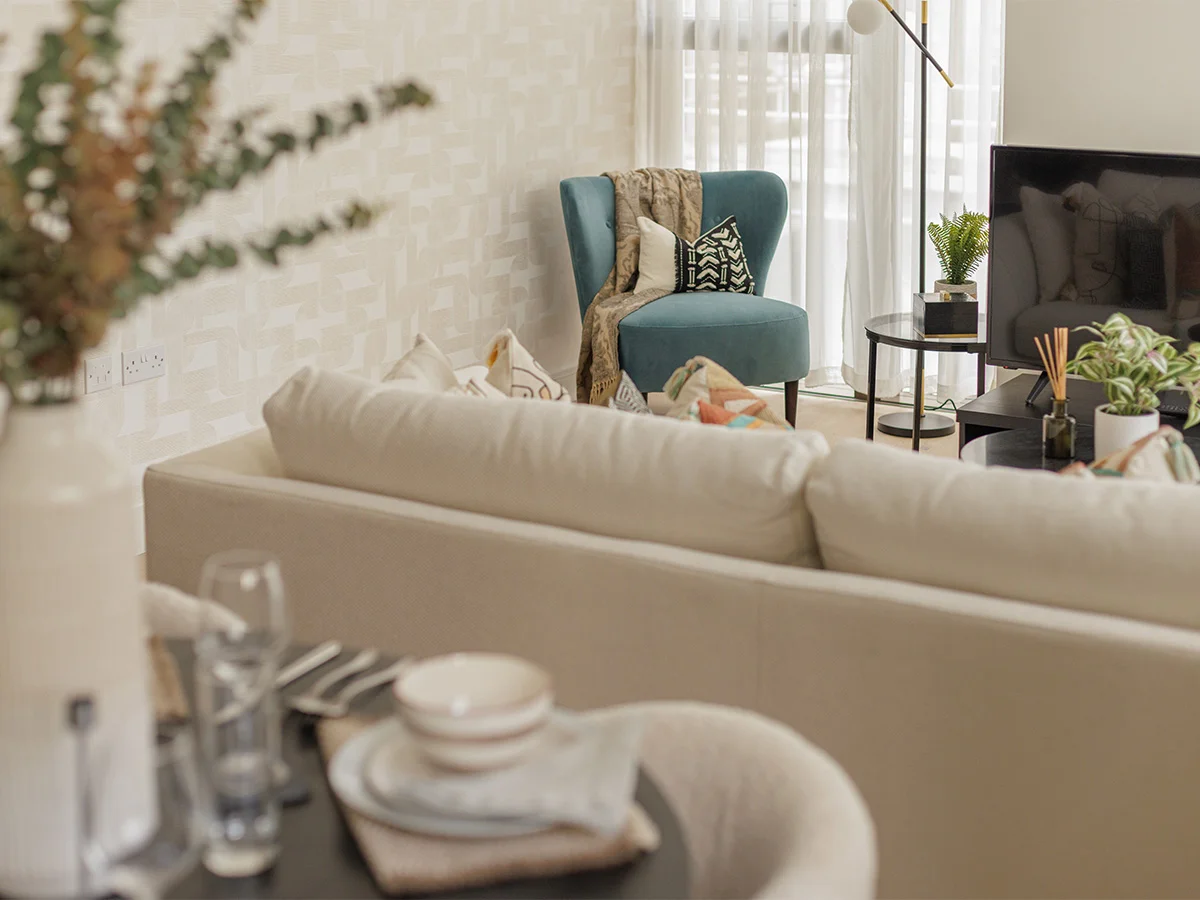 Modern living room staging in South Quay Plaza show home with luxury furnishing
