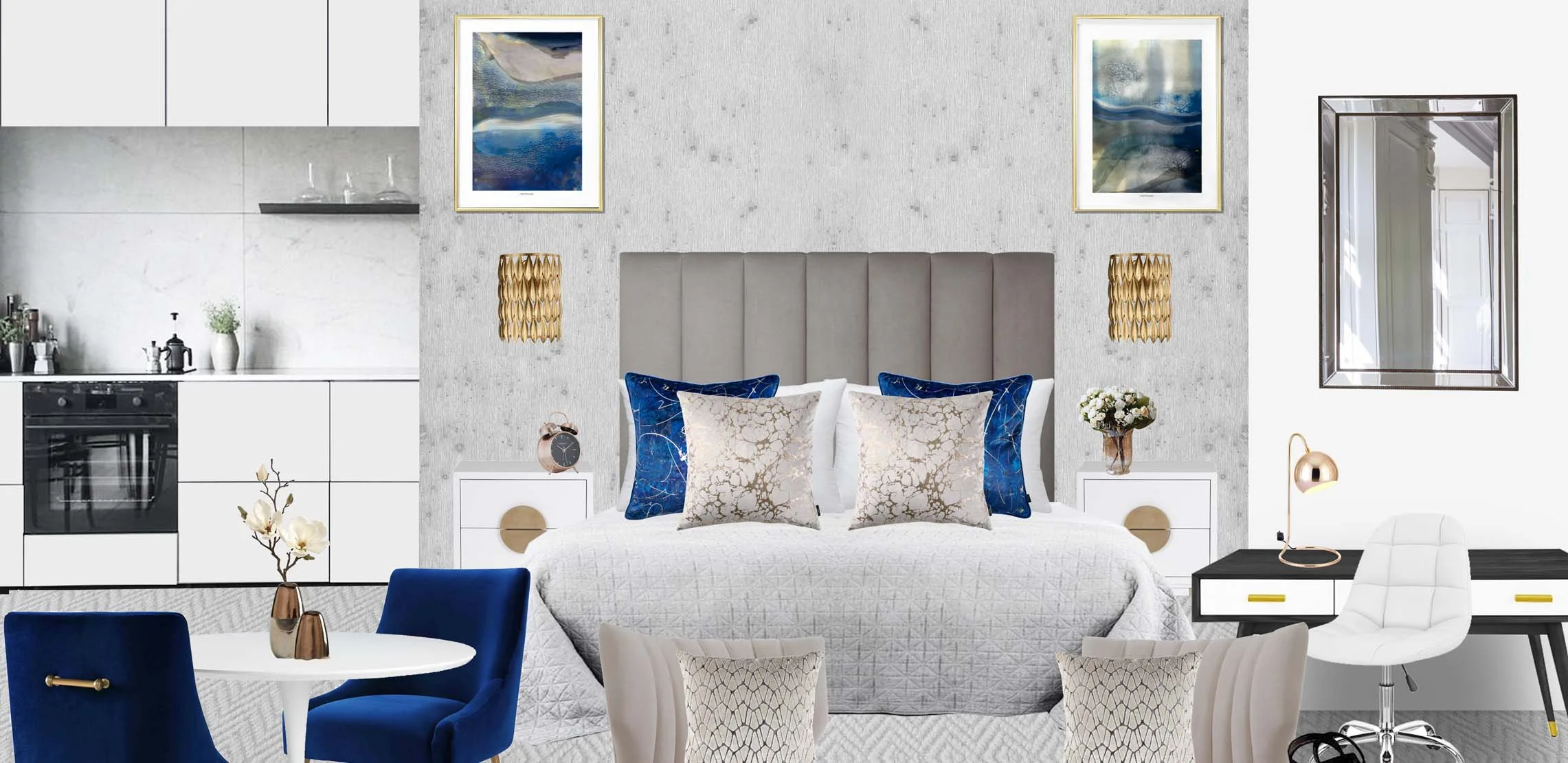  A luxury interior design moodboard by InStyle Direct showcasing a grey tufted headboard, navy blue accent chairs, a minimalist white kitchen with marble splashback, and gold decorative lighting fixtures in London.