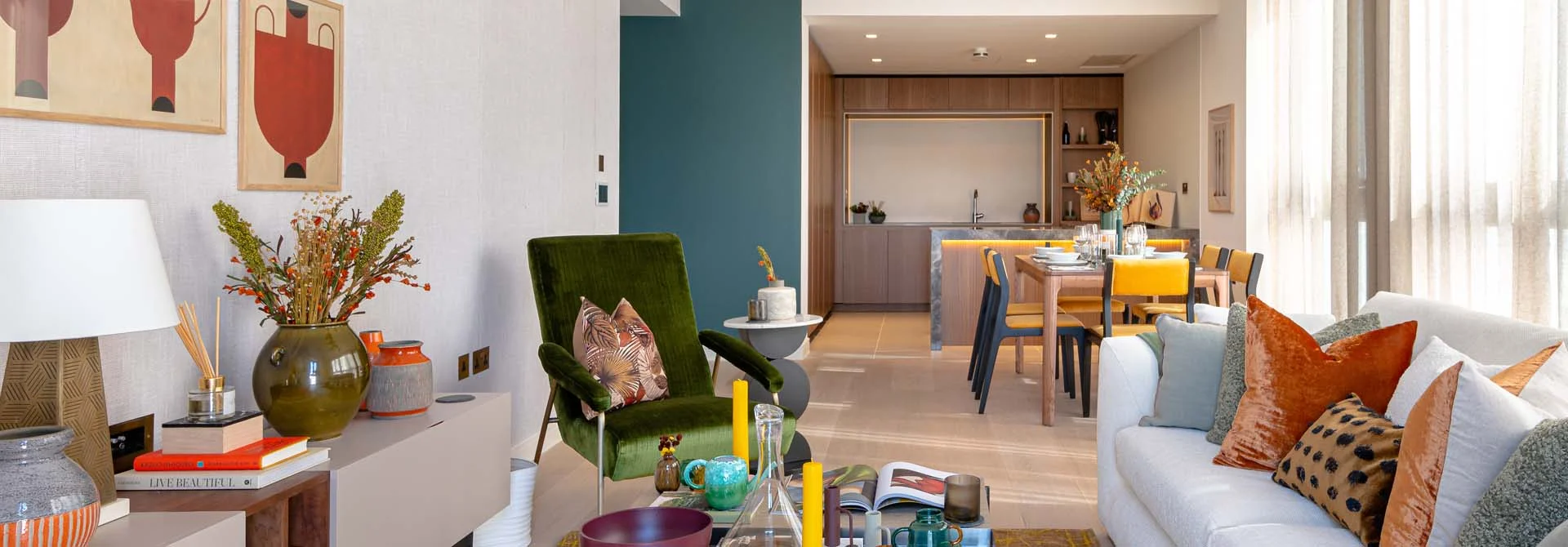 Luxury rental furniture package in a London investor flat, featuring high-end living and dining areas.