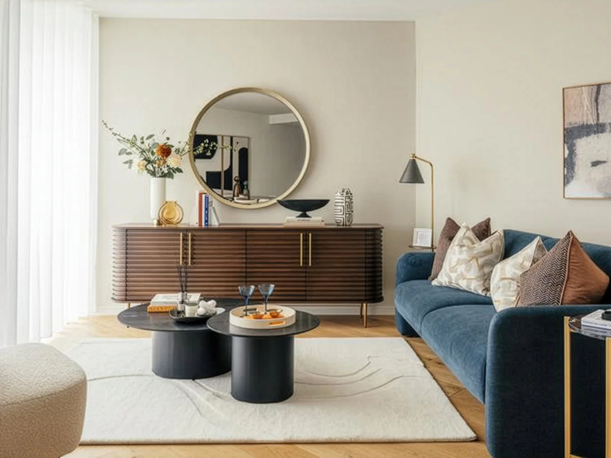 Stylish living room with blue sofa, round mirror, wooden sideboard, and black coffee tables