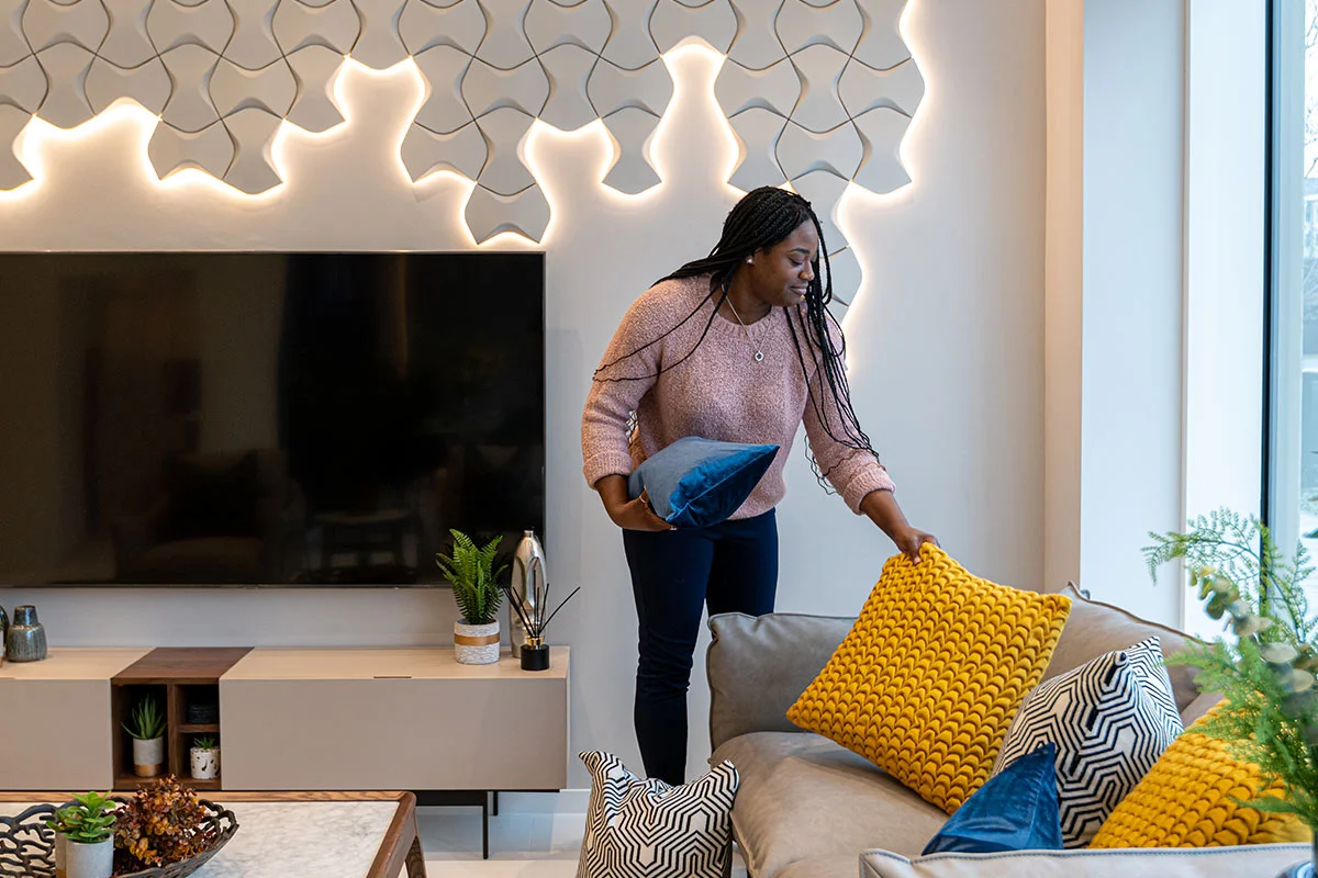 Office lounge interior styling with modern furniture and decorative cushions