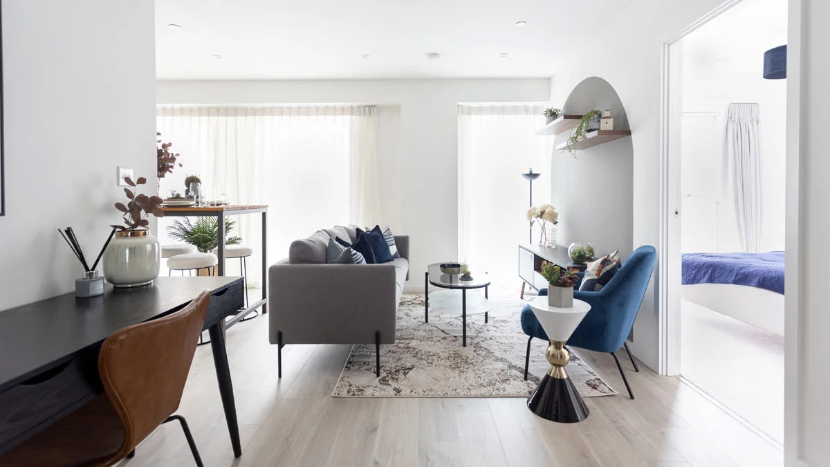 Vibrant green and pink detailed bedroom staging in a Dubai flat, demonstrating high-impact interior design for rental appeal