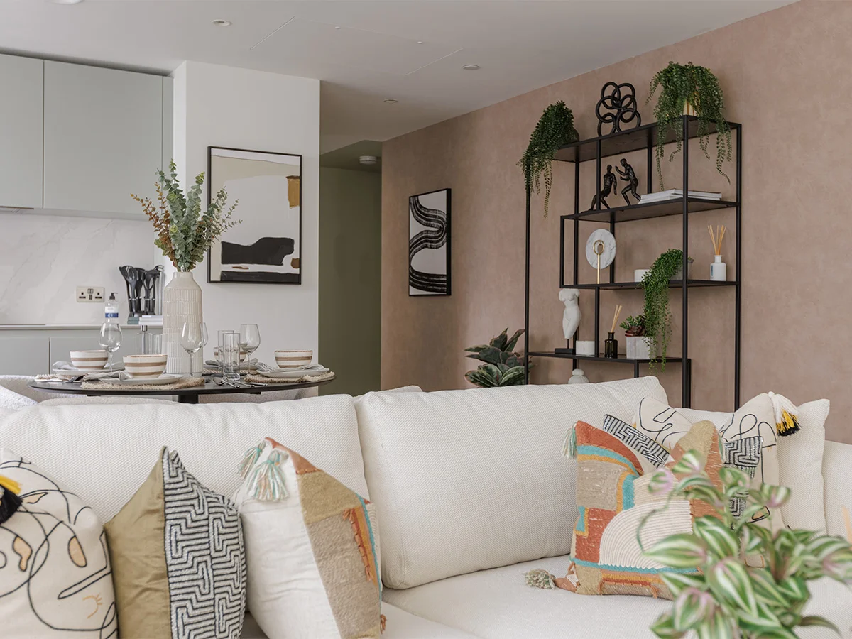 Open-plan living and dining space in South Quay Plaza show home staged by InStyle Direct