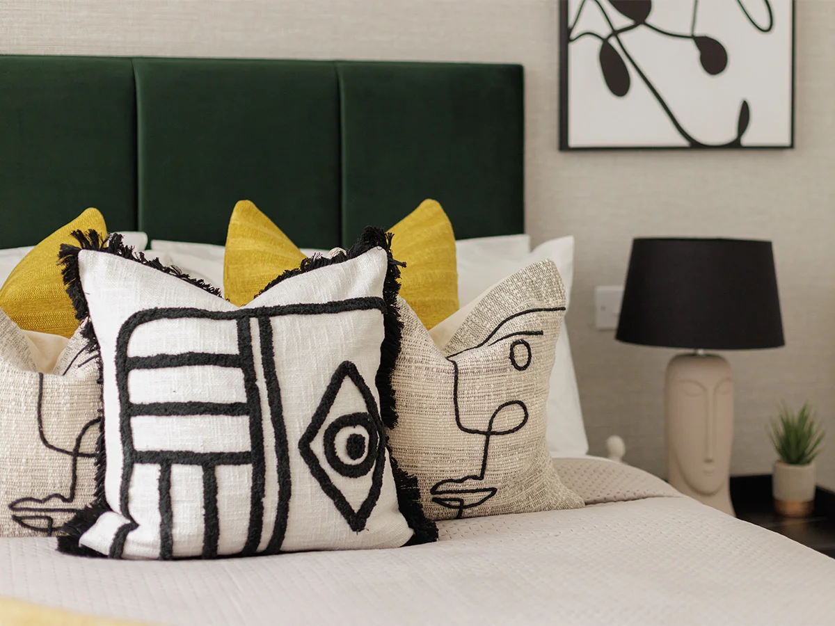 Luxury bedroom styling in South Quay Plaza show home by InStyle Direct for Berkeley Group