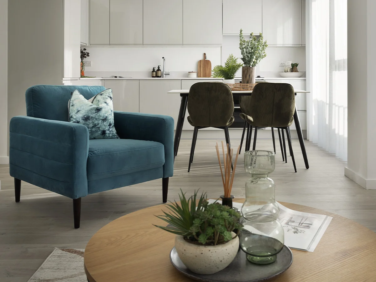 Open plan living and kitchen area in social housing UK