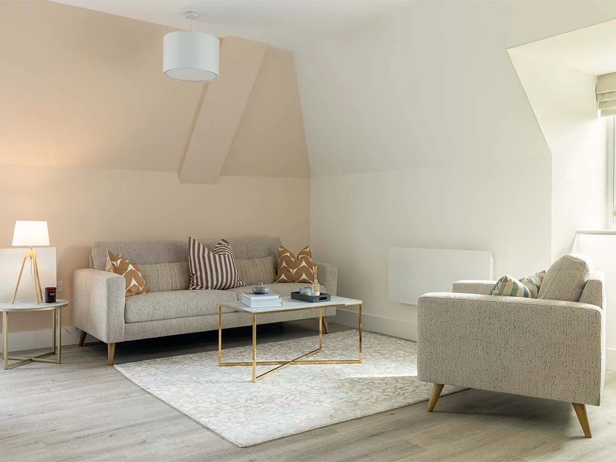 Spacious living room with sofa armchair and rug styled using tailored furniture package