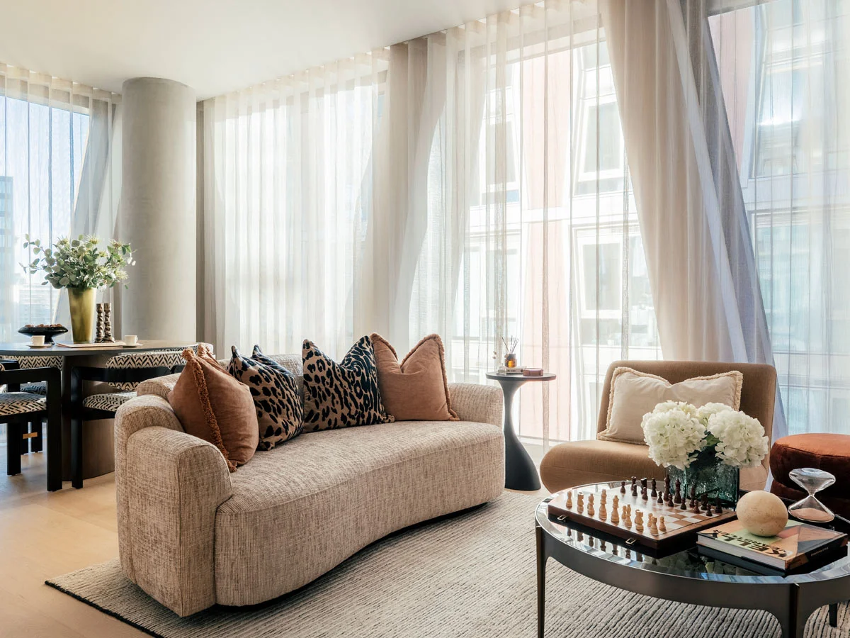 Modern living room styled with Airbnb furnishing service, showcasing short-let furniture Dubai