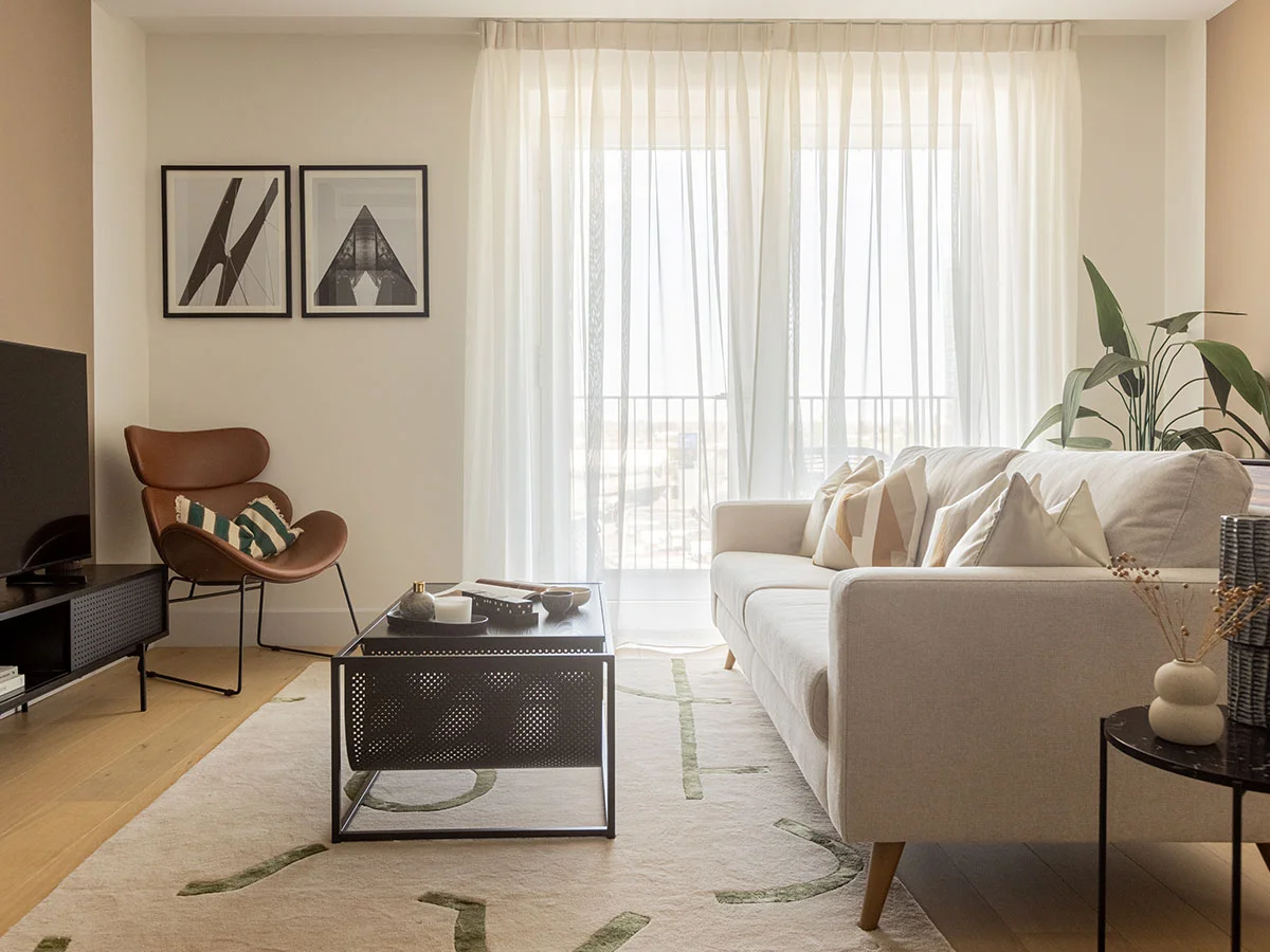 Bright rental ready living room interior design in White City London apartment