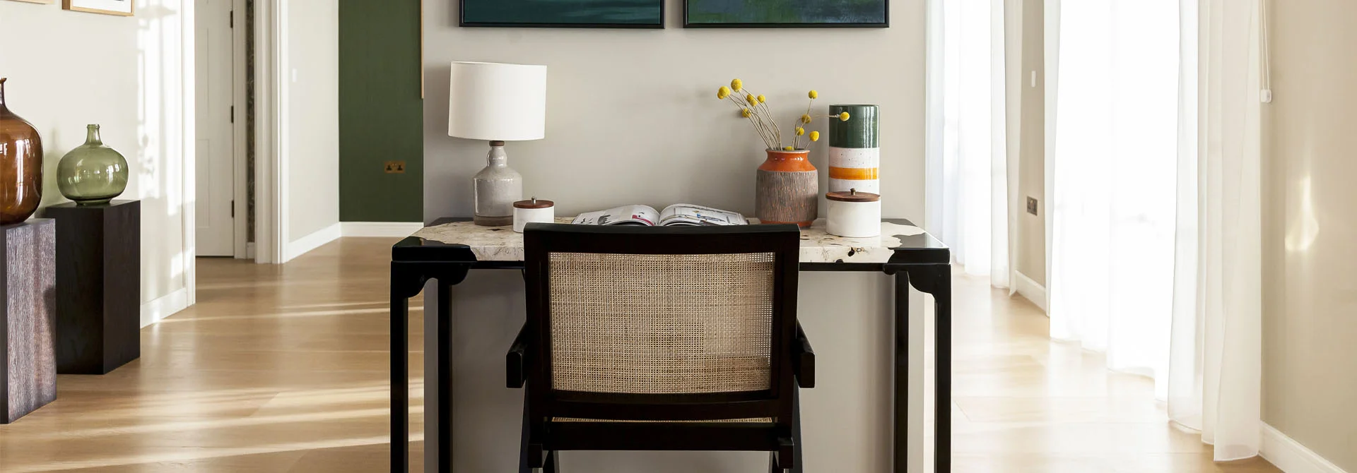 Stylish work-from-home setup in a London flat, part of a turn-key furnishing package for investors.