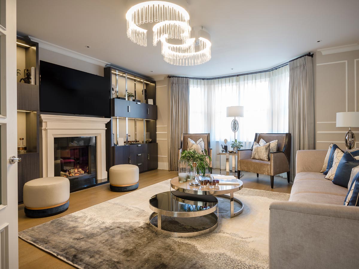 Luxurious and professionally furnished London flat living room, designed to maximize rental appeal for UAE investors