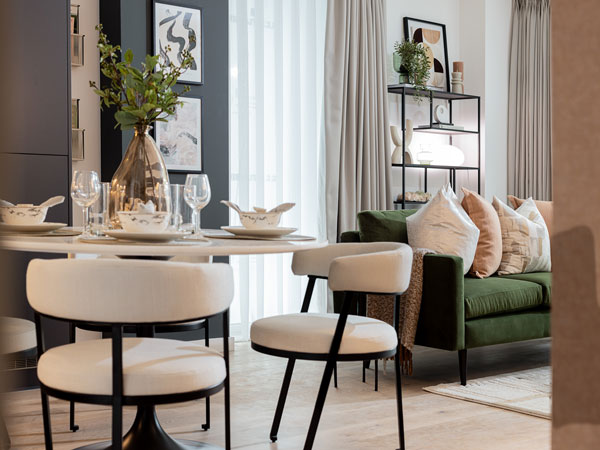 Detail of luxury window dressing and sheer curtains in a London flat, a key part of furnishing packages for overseas investors
