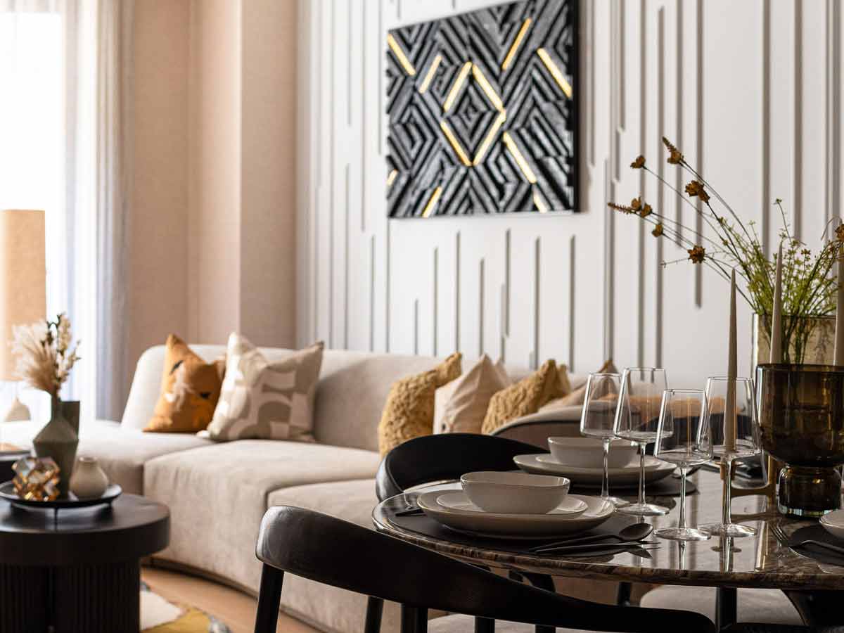 Furnishing Packages for London Flats | Elegant Dining Space Contemporary dining area design in a London flat, part of a professional furnishing package for investors.