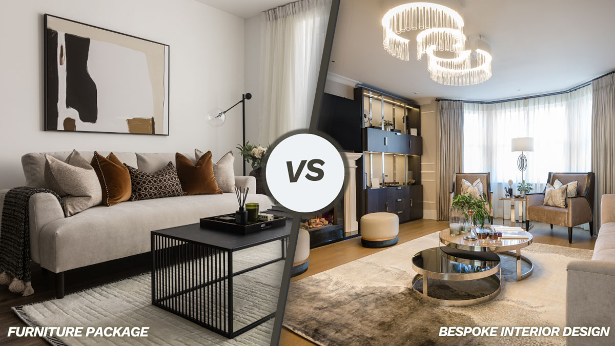 InStyle Direct transformation: Side-by-side of a London flat with a basic furniture package vs. bespoke interior design