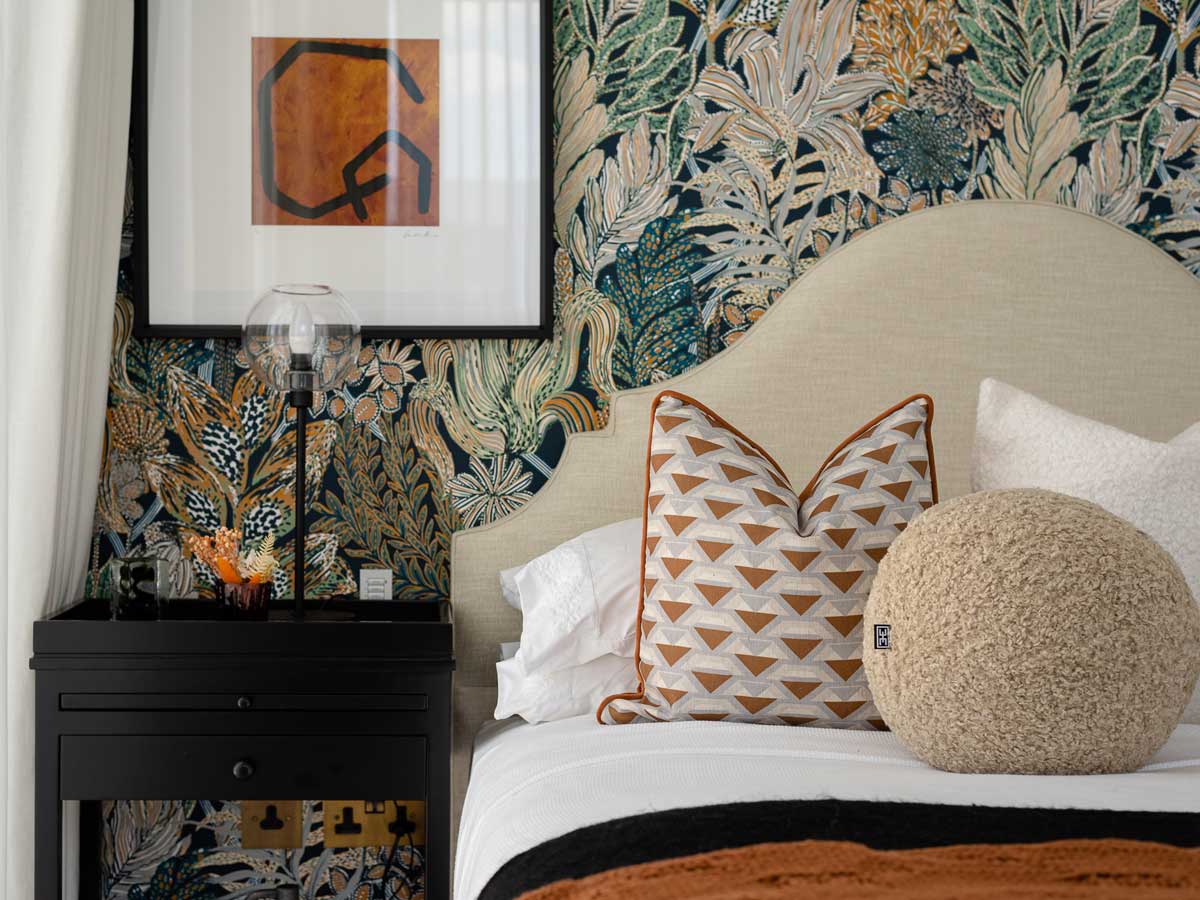 InStyle Direct London Bedroom Transformation | Rental Success InStyle Direct transformation of a London bedroom featuring a statement botanical wallpaper and neutral headboard.