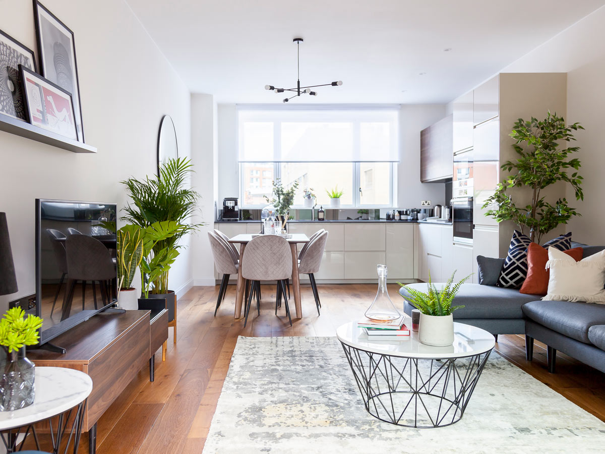 Open‑plan kitchen–living – InStyle Direct transformation ready to let Open plan kitchen dining and lounge after InStyle Direct transformation, build to rent ready