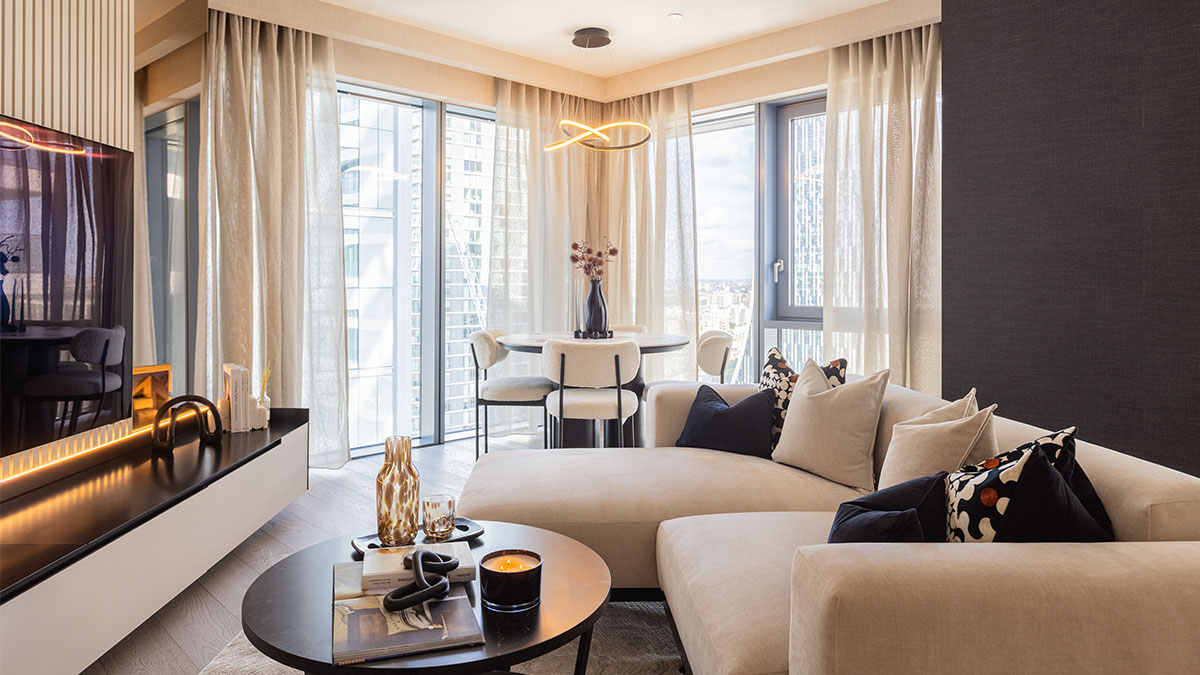 Modern Dubai apartment interior with luxury furnishings, neutral tones, and floor-to-ceiling windows