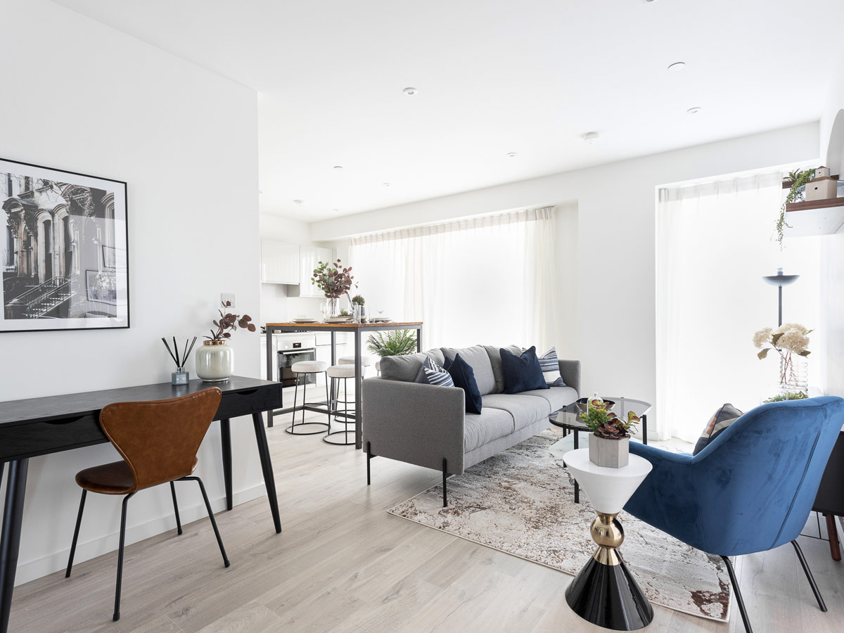 Open‑plan lounge and home office – great for overseas landlords Open plan living room with home office desk, InStyle Direct setup for overseas landlords London