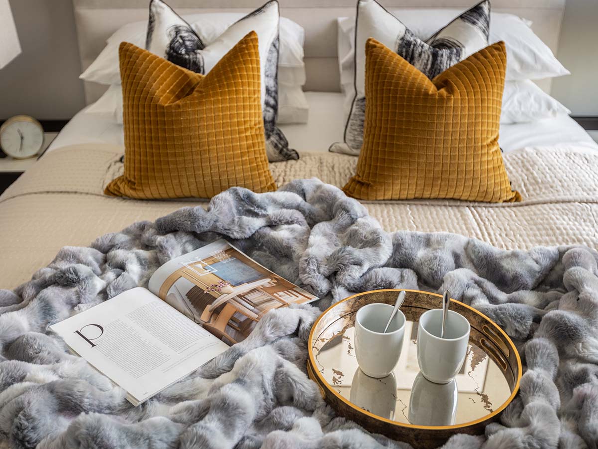 Luxurious, professionally furnished London flat bedroom. Highlights InStyle Direct transformations for overseas investors