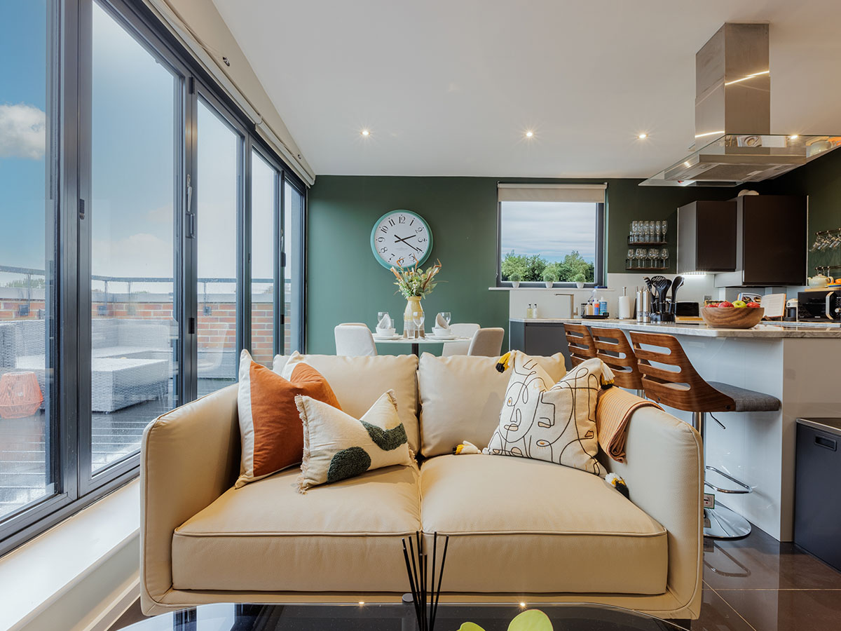 Modern living room styled with Airbnb furnishing service, showcasing short-let furniture Dubai